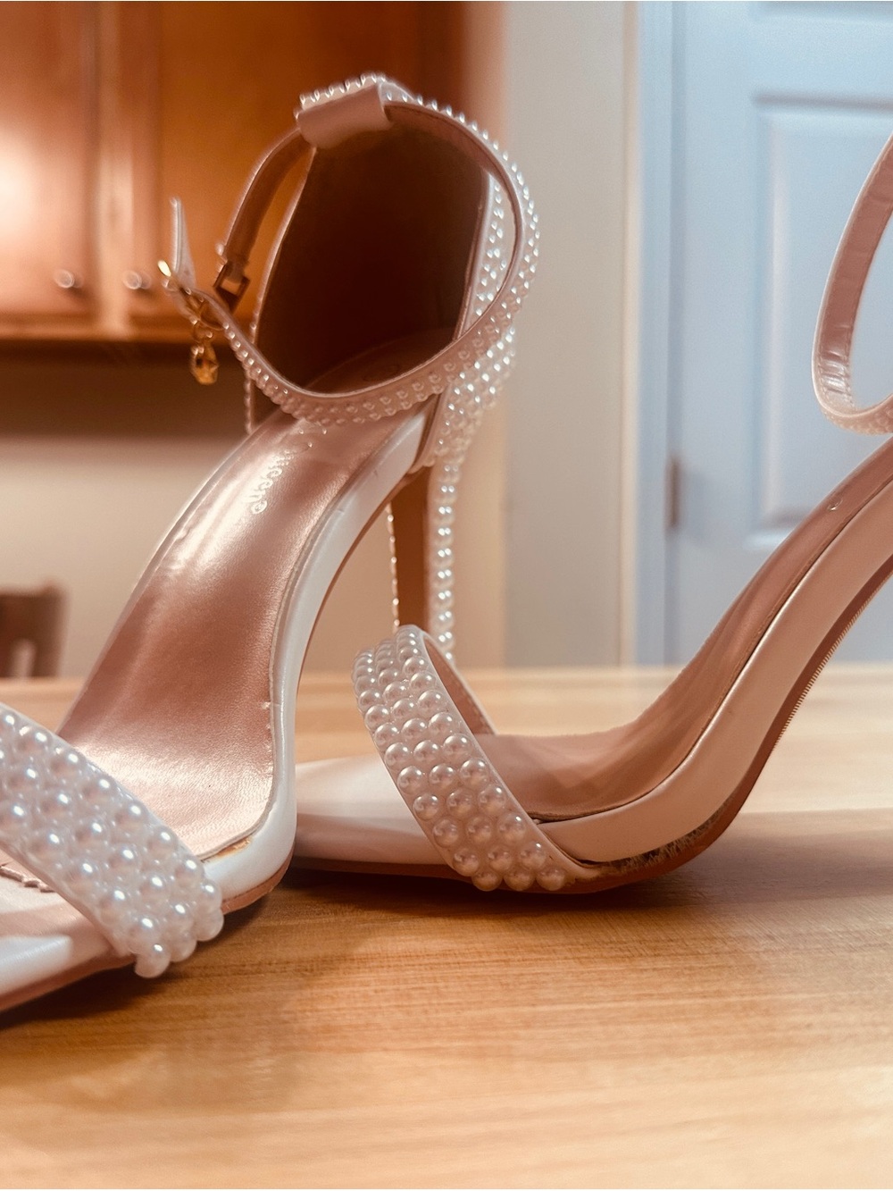 Crystal Queen size 41 Pearl-Accent White High Heel Sandals with Ankle Strap